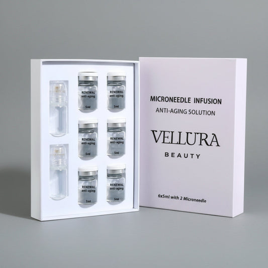 Vellura Beauty Microneedle Infusion set with multiple vials in a box on a white background