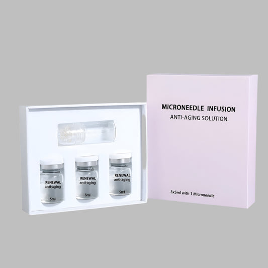 Vellura Microinfusion System – microneedling device with glass serum three bottle on a white background