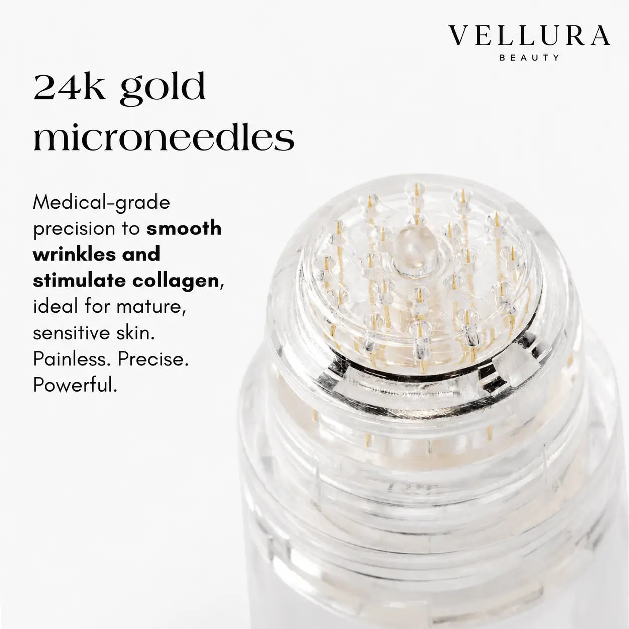 Vellura beauty product with 24k gold microneedles on a white background