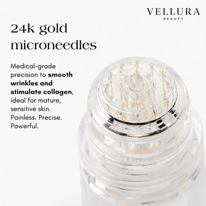 Vellura beauty product with 24k gold microneedles on a white background