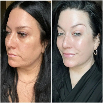 Before and after comparison of a woman's face with visible makeup changes.