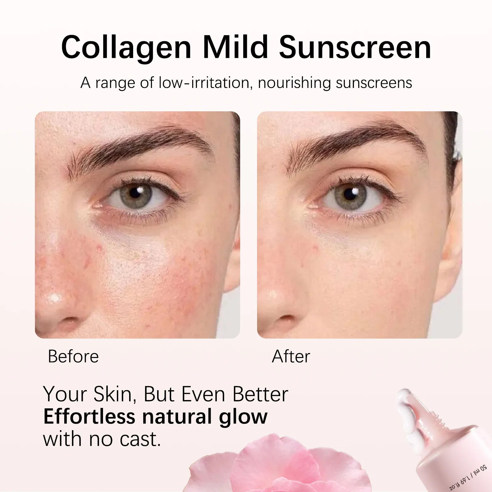 Collagen Mild Sunscreen advertisement showing before and after effects on skin with a floral product image.