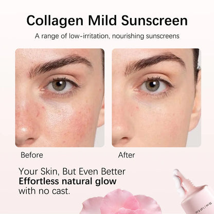 Collagen Mild Sunscreen advertisement showing before and after effects on skin with a floral product image.