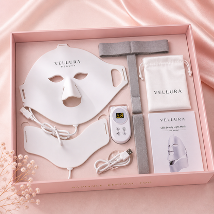 Vellura beauty mask set with LED light device, face mask, and accessories in a pink box.