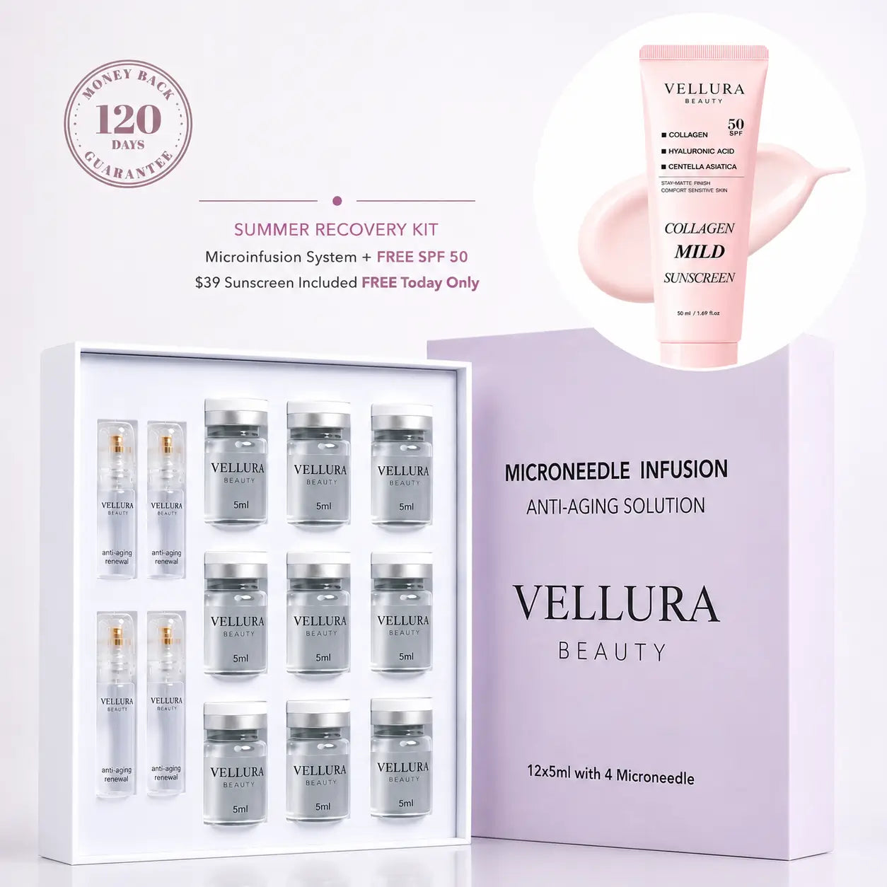 Vellura Beauty skincare products including bottles, jars, and a sunscreen tube on a white background