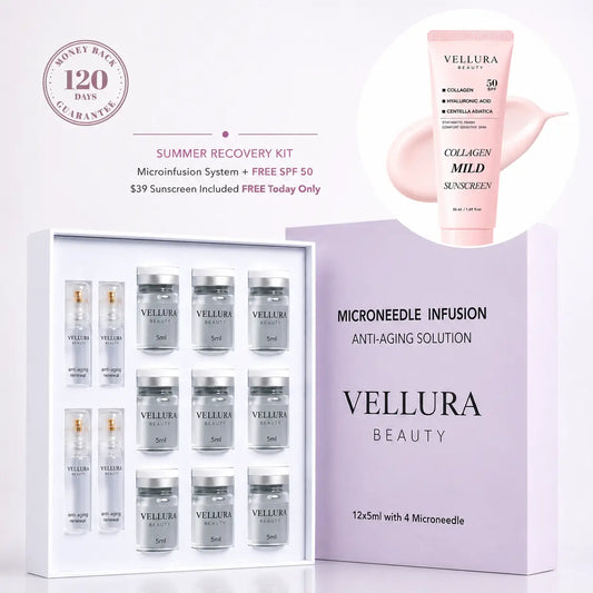 Vellura Beauty skincare products including bottles, jars, and a sunscreen tube on a white background