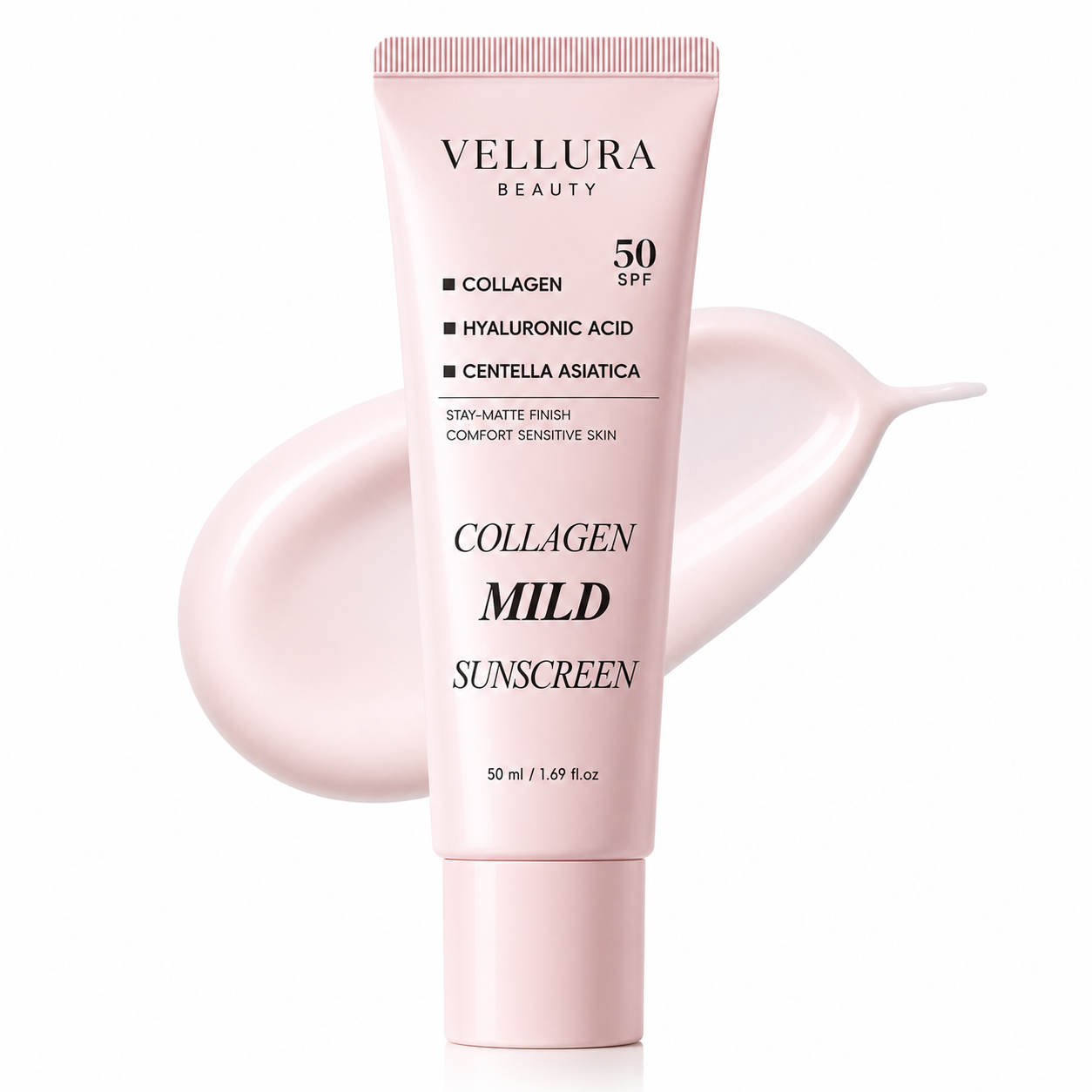 Vellura Beauty Collagen Mild Sunscreen tube with pink cream smear on a white background
