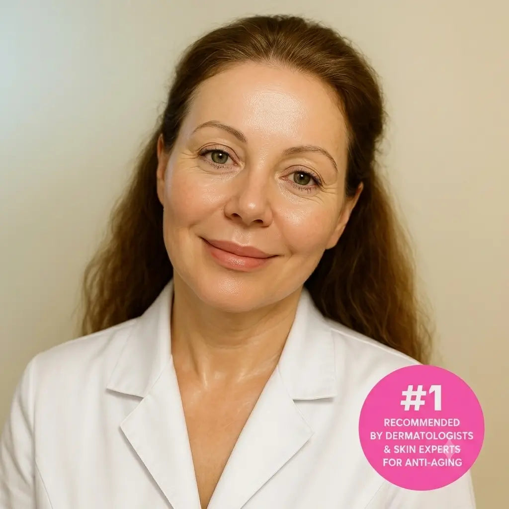 Woman in a white coat with a pink badge recommending her services for anti-aging.