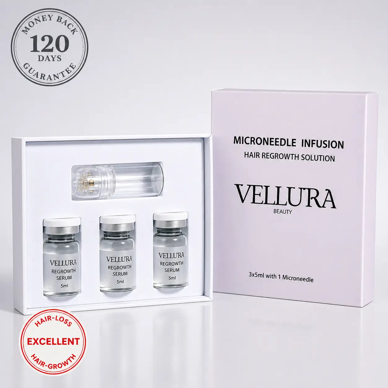 Vellura Beauty Microneedle Infusion hair regrowth solution set with packaging on a white background