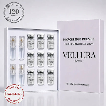 Vellura Beauty microneedle infusion hair regrowth solution set with 12 serums packaging on a white background
