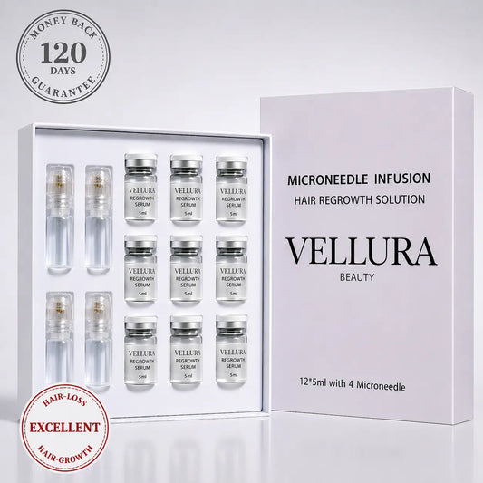 Vellura Beauty microneedle infusion hair regrowth solution set with 12 serums packaging on a white background