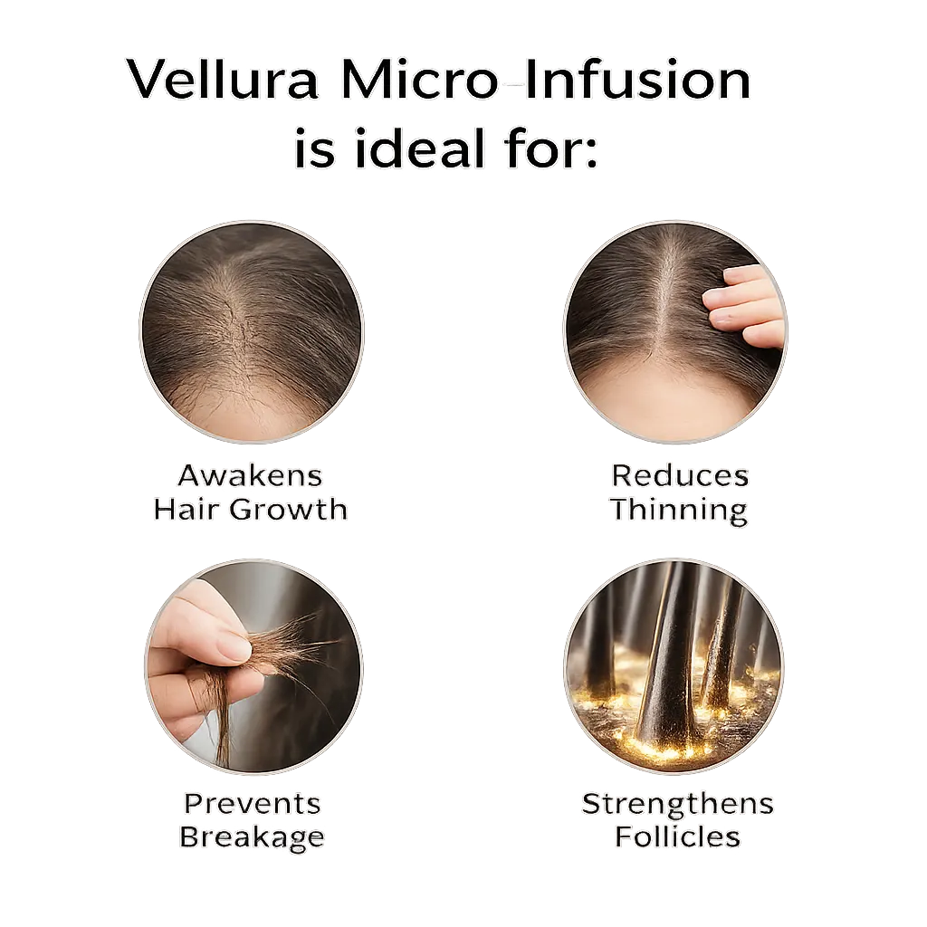 Vellura Micro Infusion product description with images of hair growth benefits on a white background.