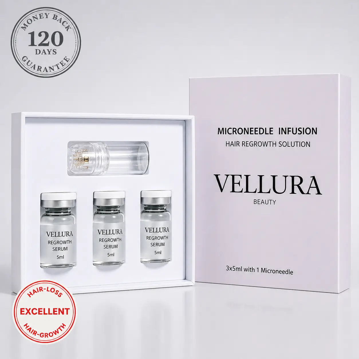 Vellura Beauty microneedle infusion hair regrowth solution set with packaging on a white background