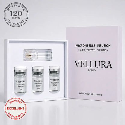 Vellura Beauty microneedle infusion hair regrowth solution set with packaging on a white background