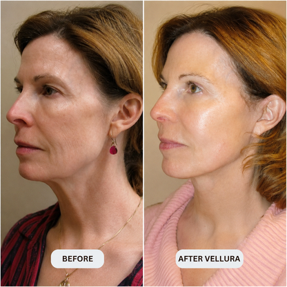 Before and after comparison of a woman's face with 'Before' on the left and 'After Vellura' on the right.