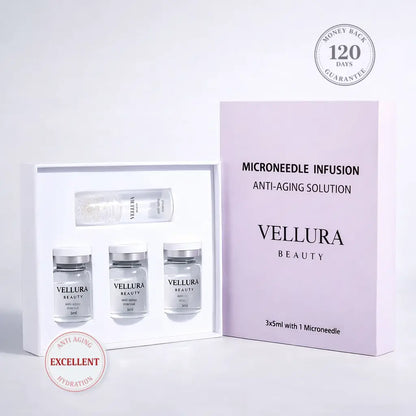 Vellura Beauty microneedle infusion anti-aging solution set on a white background