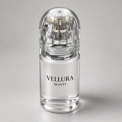 Clear Vellura Beauty bottle with decorative cap on a gray background