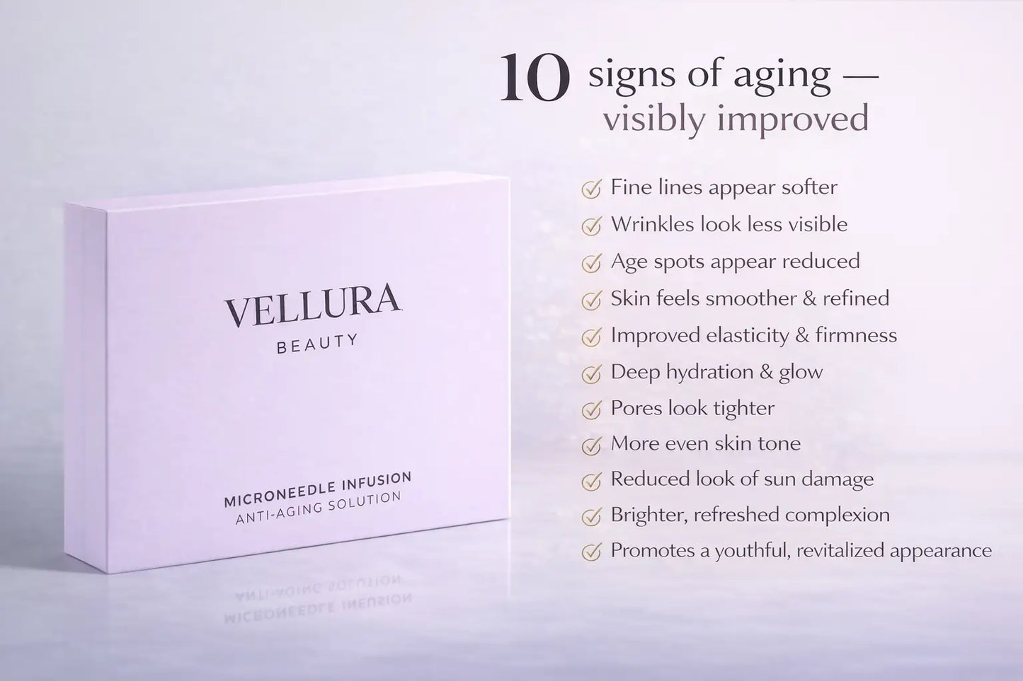 Vellura Beauty microneedle infusion packaging with text on aging signs on a light gray background