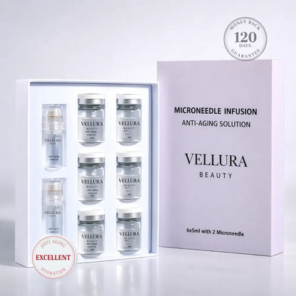 Vellura Beauty microneedle infusion anti-aging solution set with packaging on a light gray background
