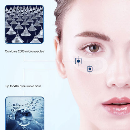 Product packaging with microneedles and hyaluronic acid content on a close-up of a person's face.