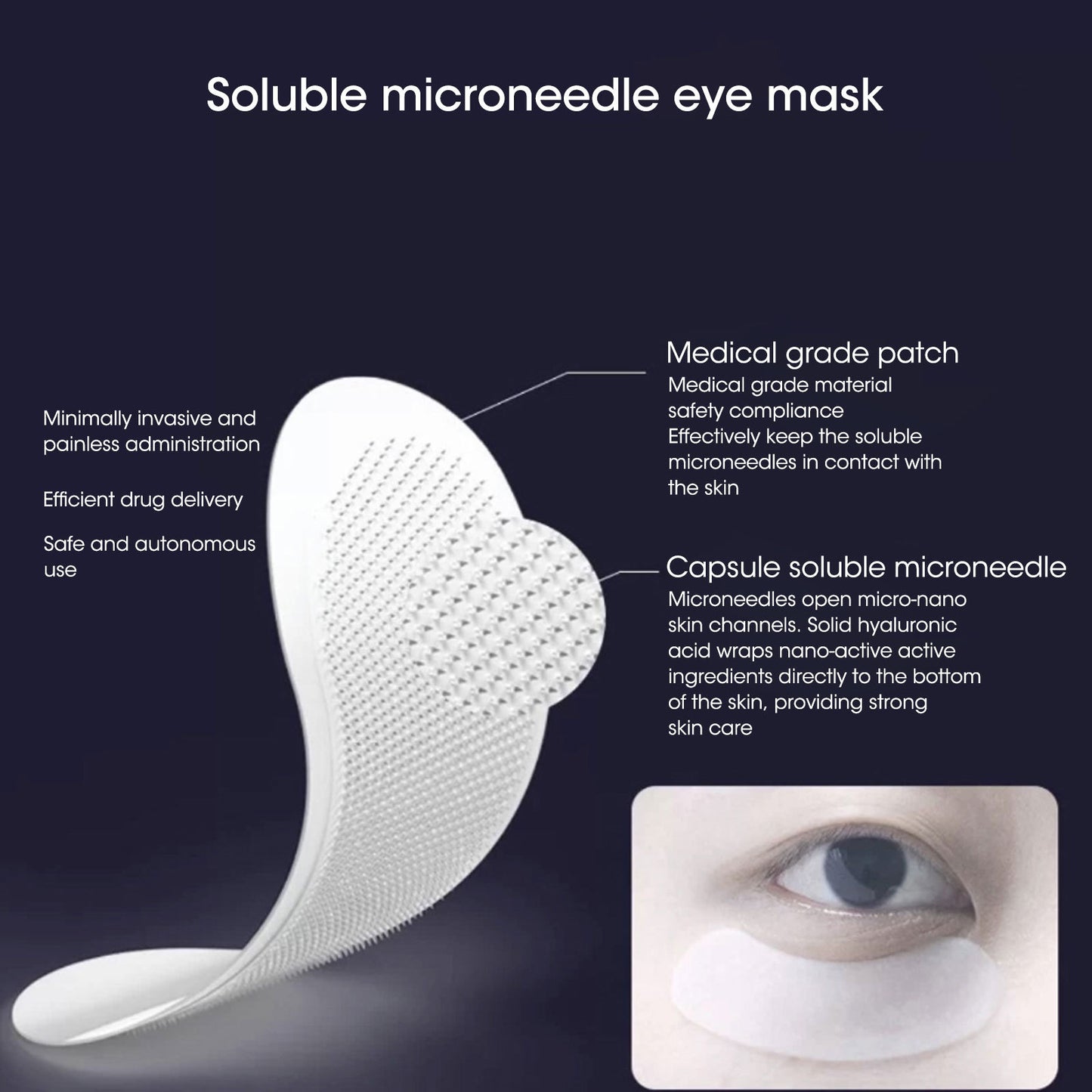 Soluble microneedle eye mask with text on a dark background