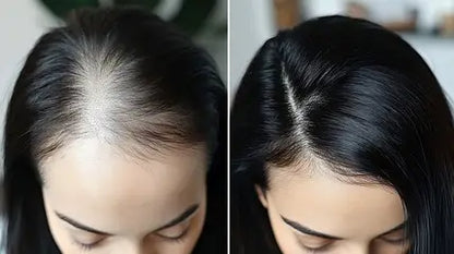 Before and after comparison of hair growth on a person's head.