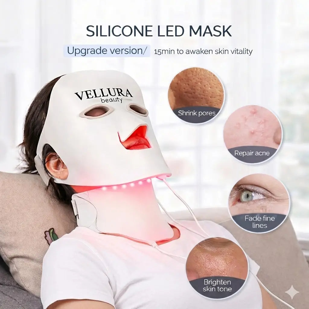 Person wearing a silicone LED mask with Vellura branding, surrounded by skin improvement benefits on a white background.