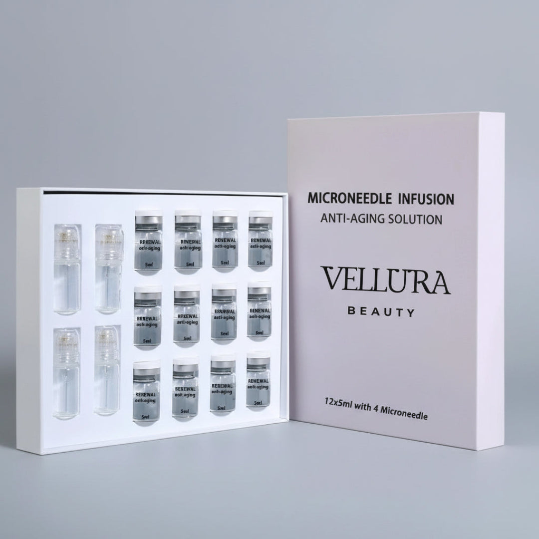 Vellura Beauty Microneedle Infusion anti-aging solution packaging with vials on a white background