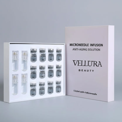 Vellura Beauty Microneedle Infusion anti-aging solution packaging with vials on a white background
