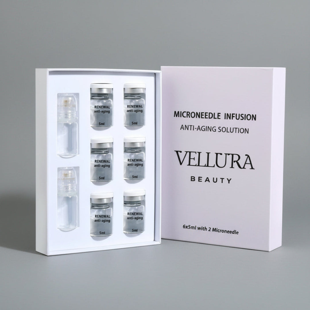 Vellura Beauty Microneedle Infusion set with multiple vials in a box on a white background