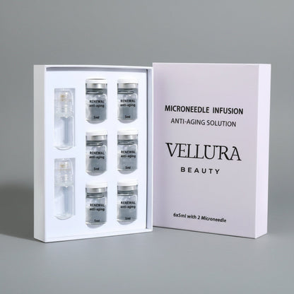 Vellura Beauty Microneedle Infusion set with multiple vials in a box on a white background