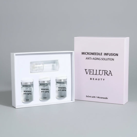 Vellura Beauty microneedle infusion anti-aging solution set on a white background