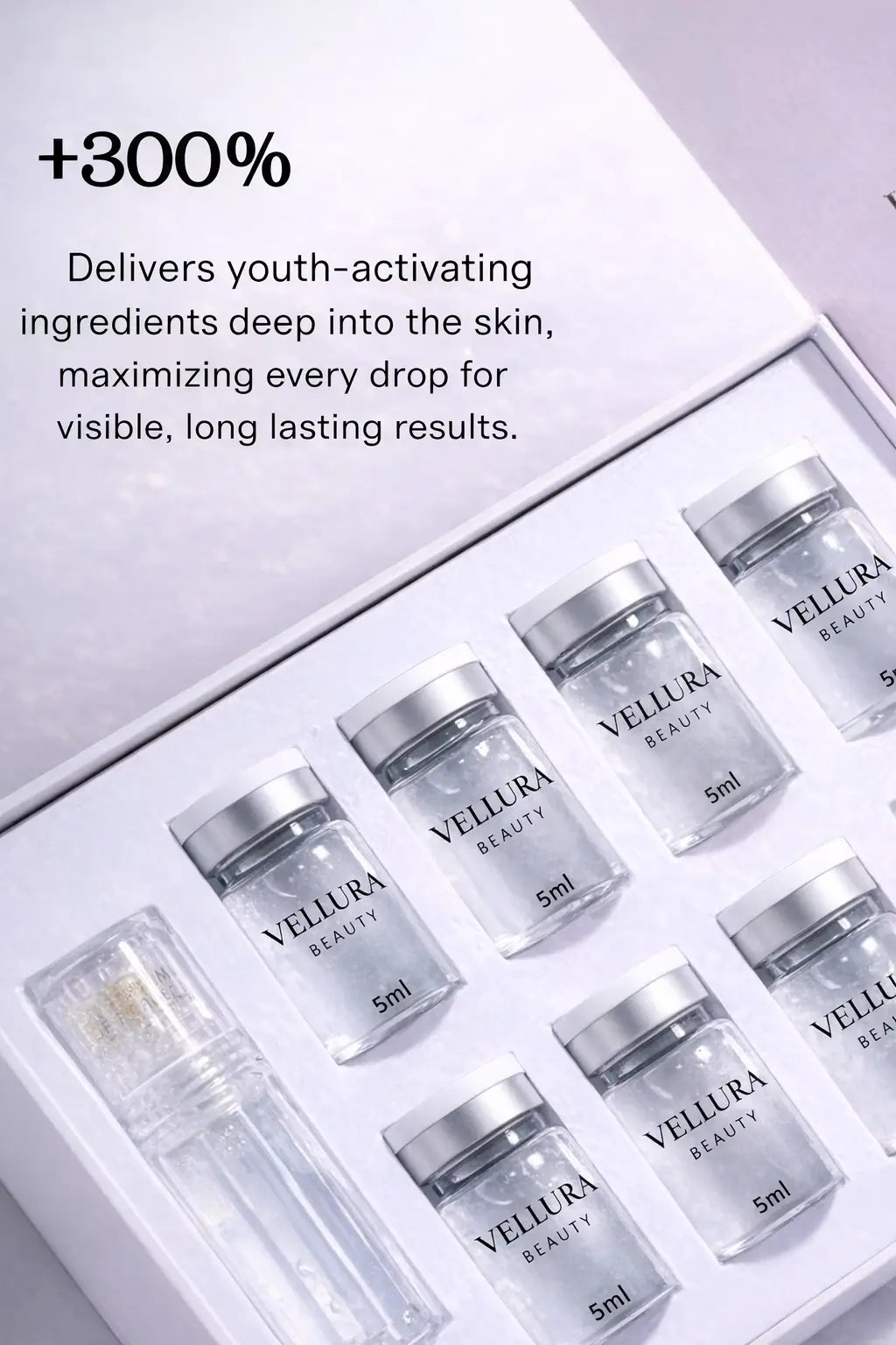 Vellura Beauty skincare product set with text highlighting youth-activating ingredients.