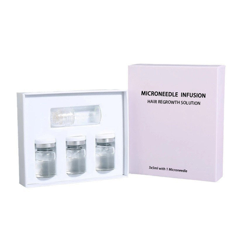 Microneedle infusion hair regrowth solution set with packaging on a white background