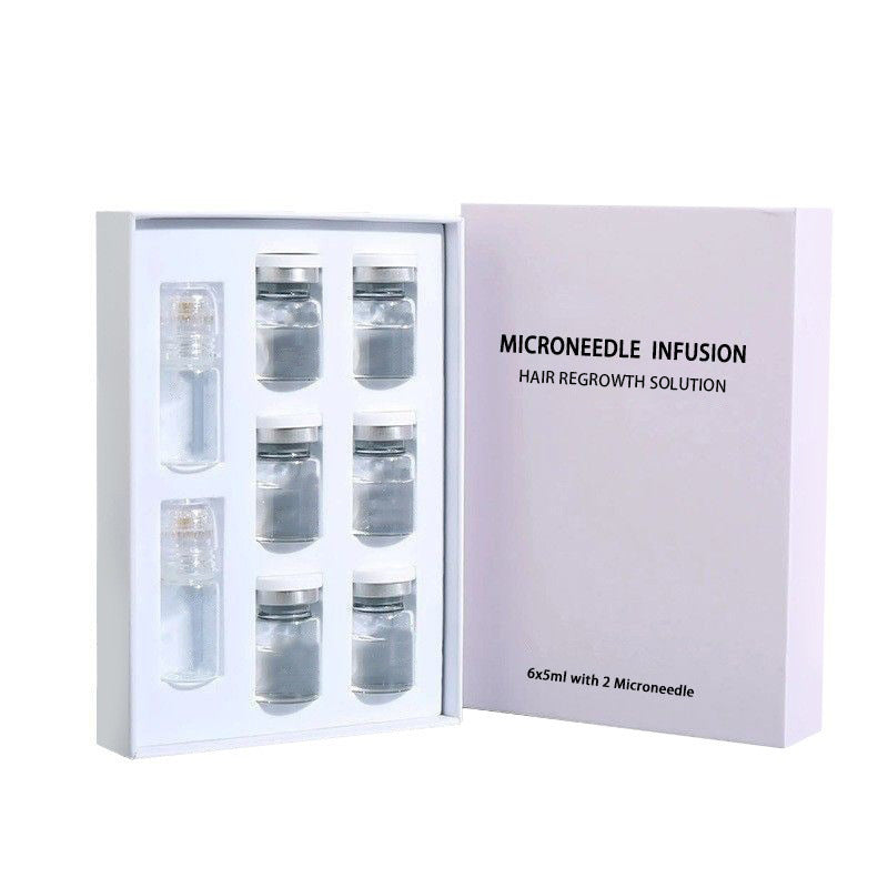 Microneedle infusion hair regrowth solution set in a white box on a white background