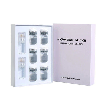 Microneedle infusion hair regrowth solution set in a white box on a white background