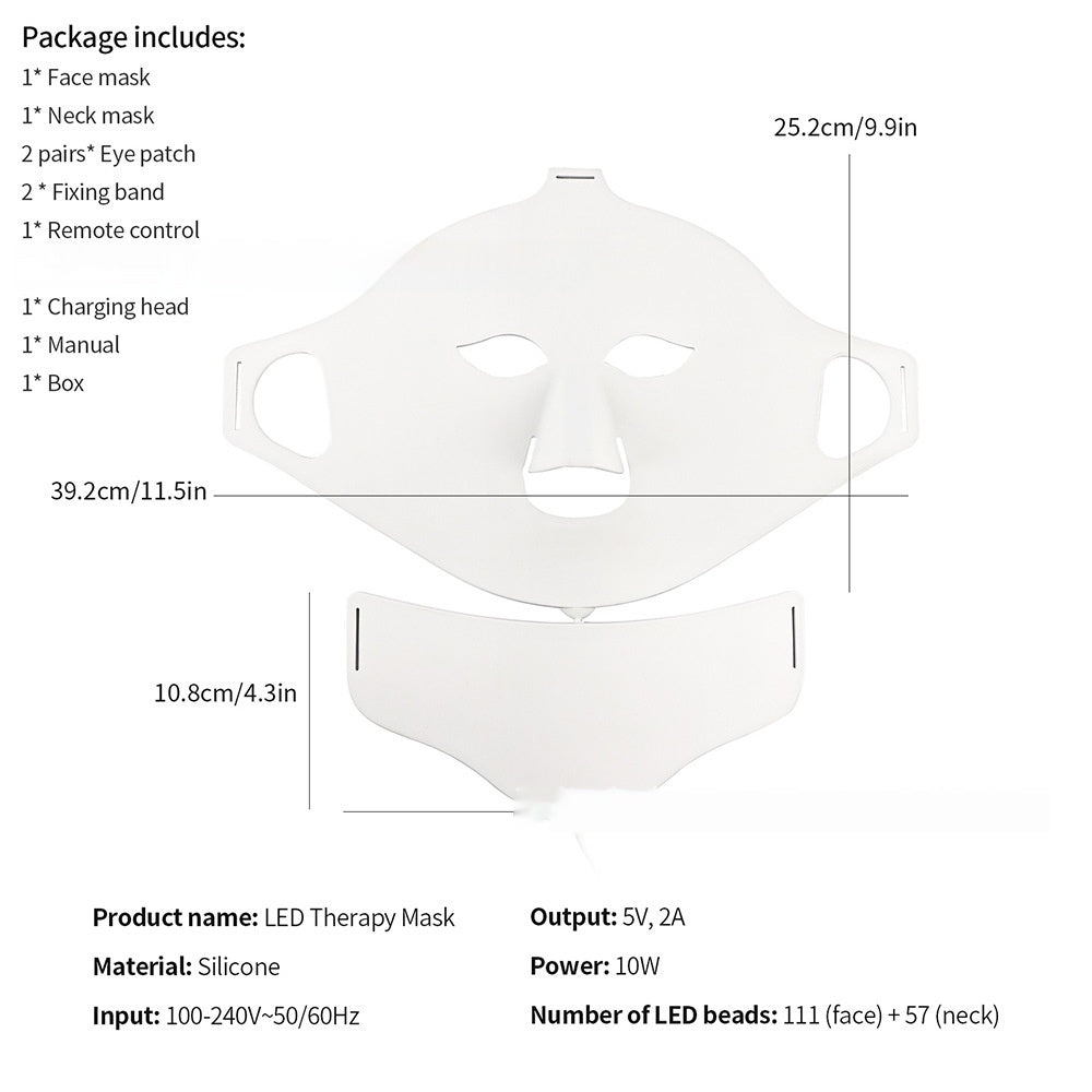 White LED therapy mask with dimensions and package contents on a white background