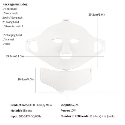 White LED therapy mask with dimensions and package contents on a white background