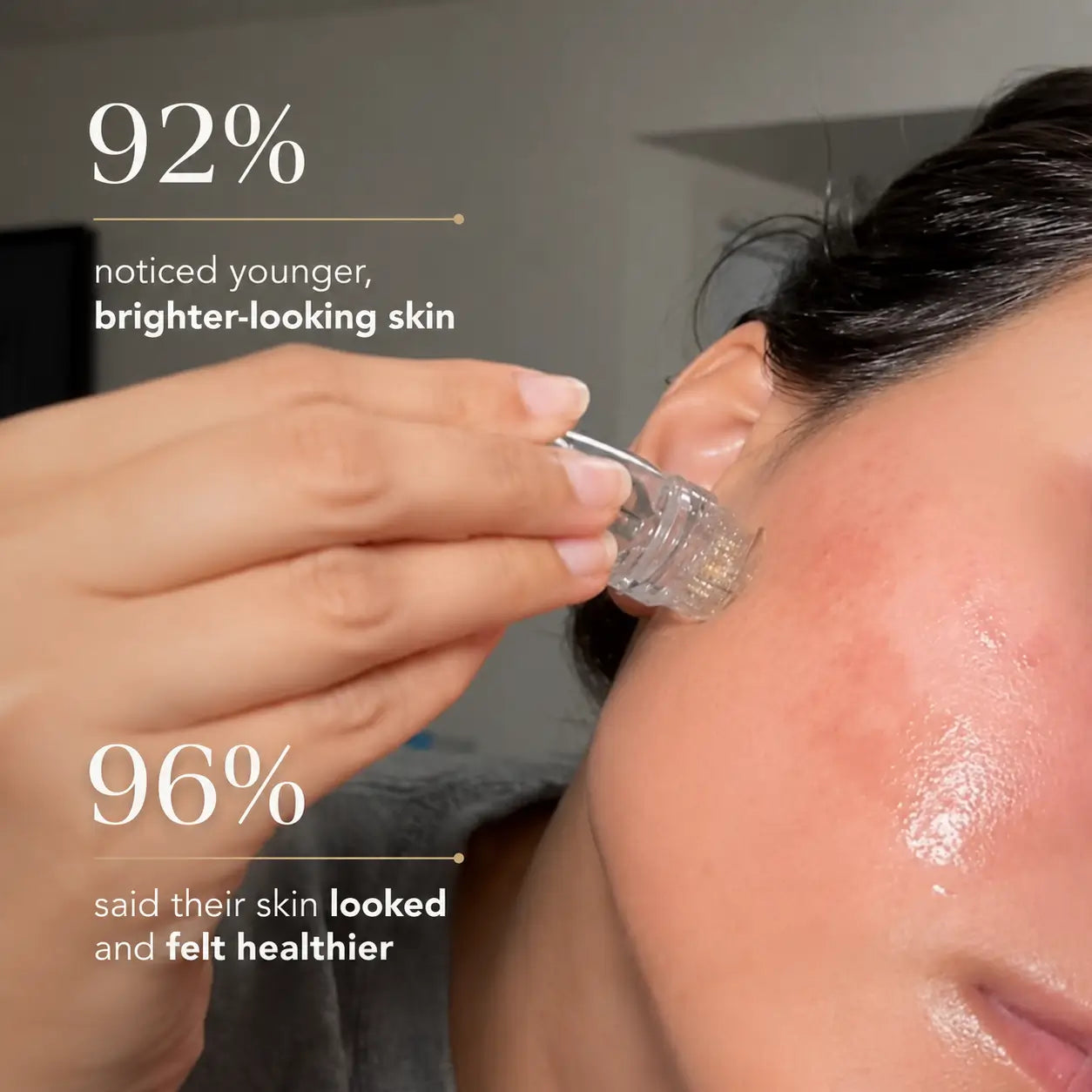 Person applying skincare product to face with text about skin improvement.