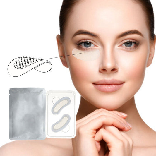 Woman with under-eye patches, a brush, and packaging on a white background