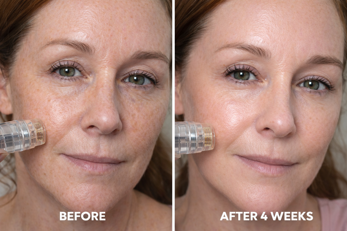 Before and after comparison of a woman's face with text indicating time elapsed.