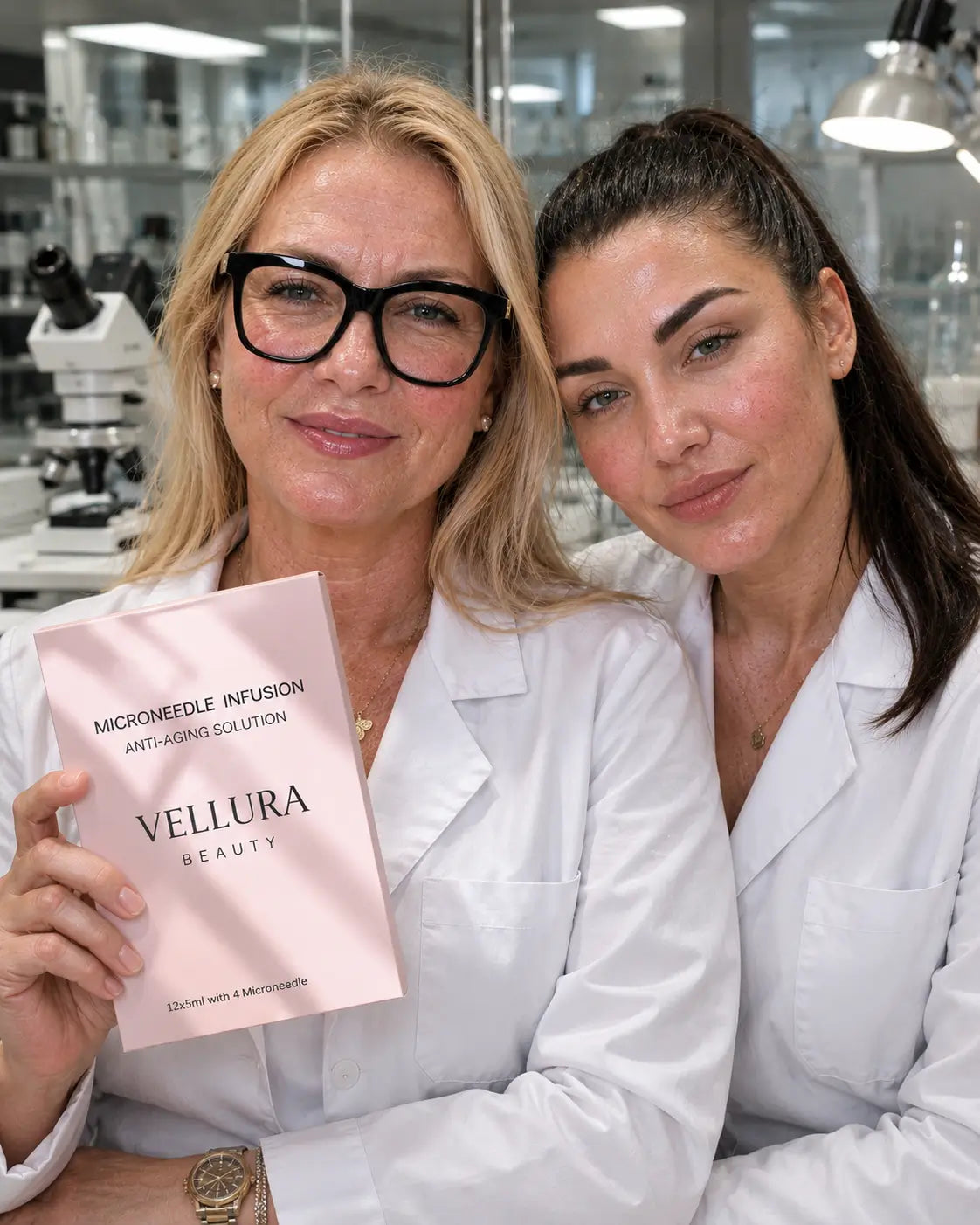 Two women in white lab coats pose in a skincare laboratory, with the woman on the left holding a pink Vellura Beauty product card.