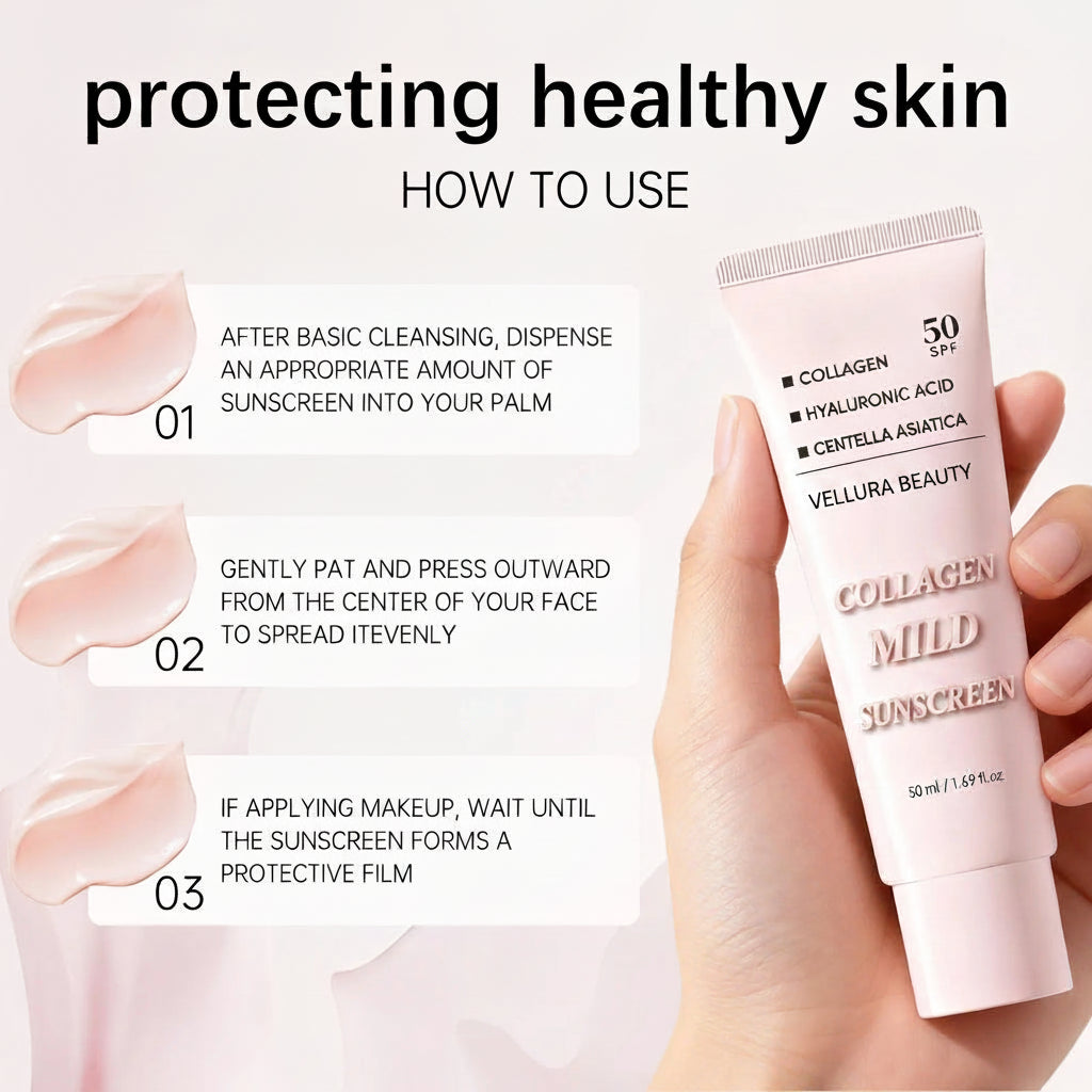 Collagen mild sunscreen tube with application instructions on a light background