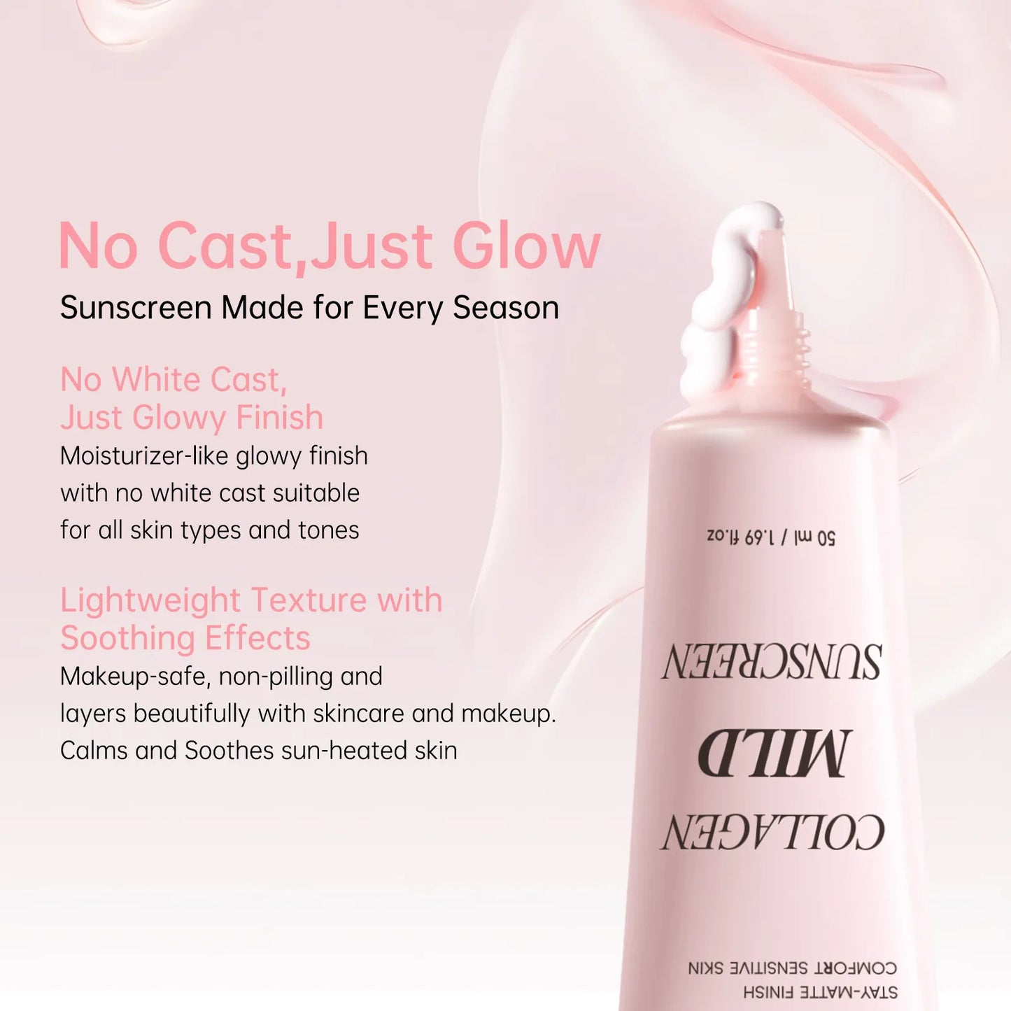 Collagen skincare product with text highlighting features on a light pink background