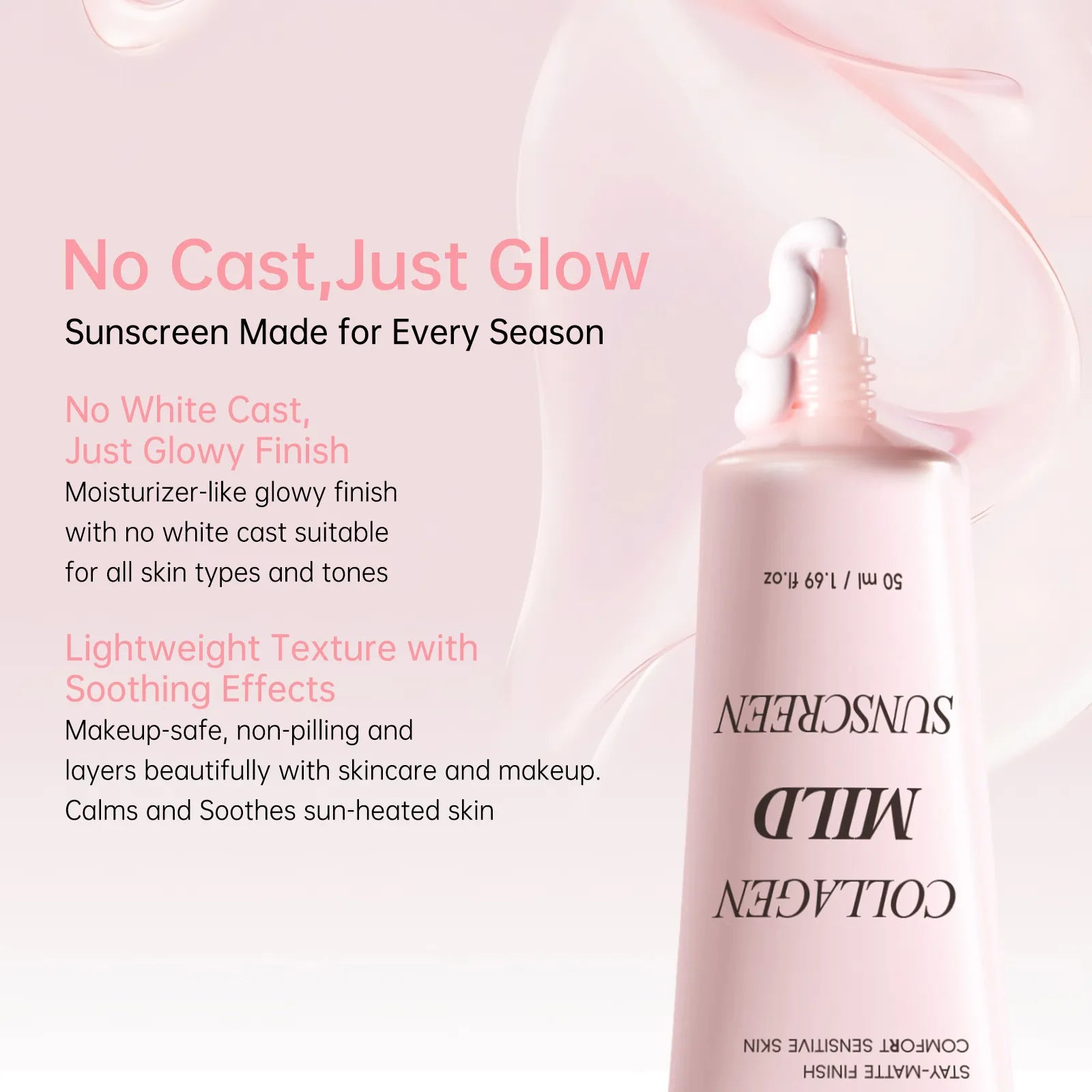 Collagen skincare product with text highlighting features on a light pink background