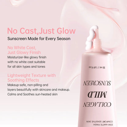 Collagen skincare product with text highlighting features on a light pink background