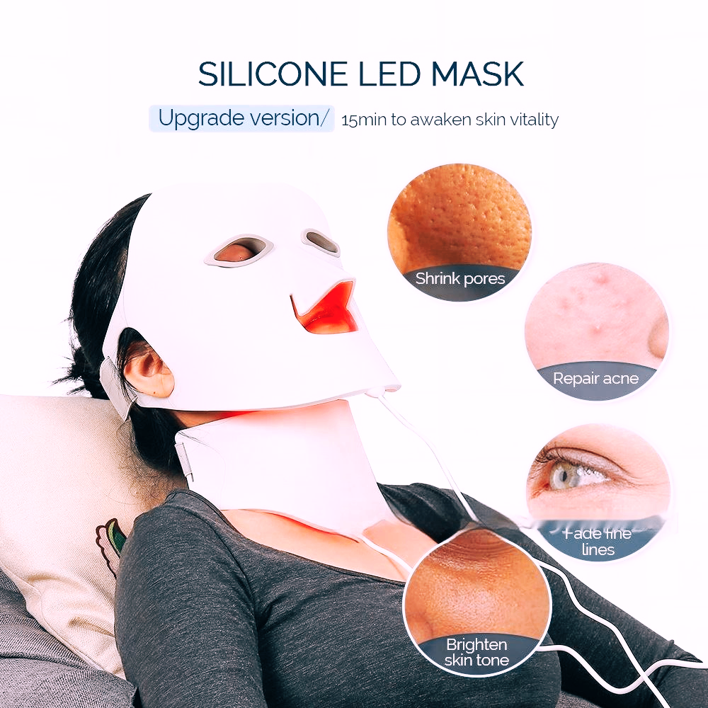 Person wearing a silicone LED mask with features highlighted on a white background