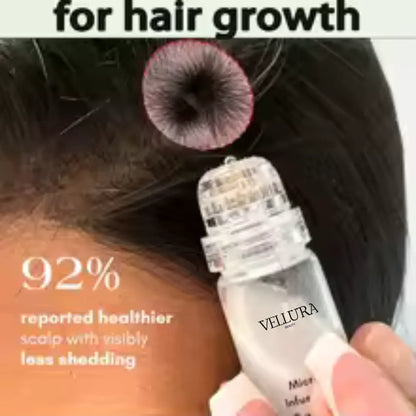 Vellura hair growth product with text on a close-up of hair and scalp.