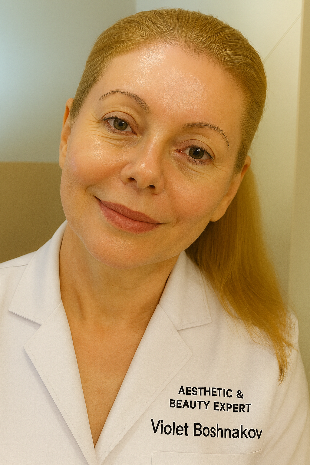 Woman with blonde hair in a ponytail wearing a white coat, identified as an aesthetic and beauty expert named Violet Boshnakov.